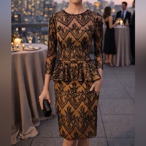 Ganni Larkin Lace Peplum Brown Black Illusion Neckline Cocktail Dress NEW SZ XS